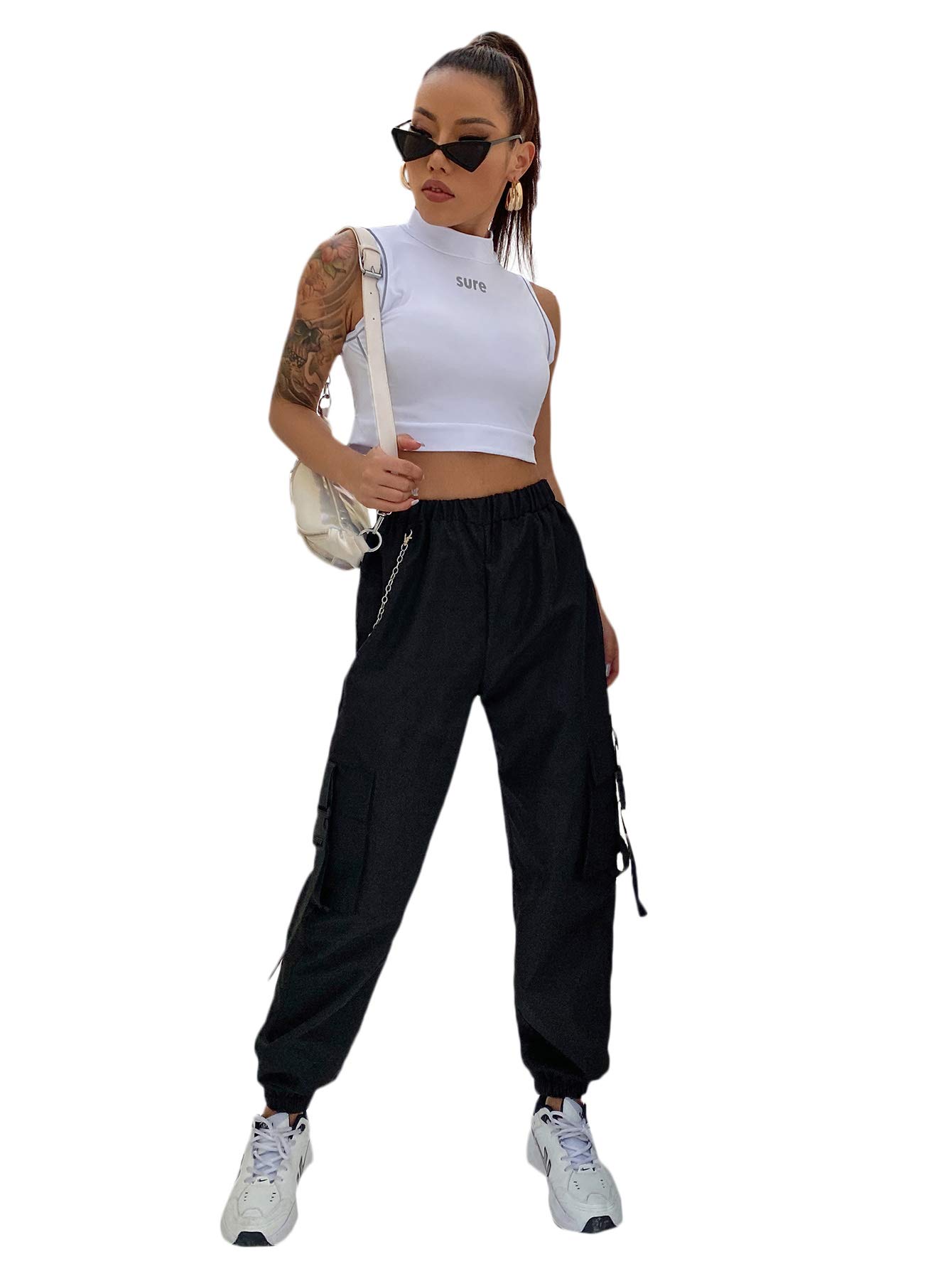 DIDK Women's High Waisted Flap Pocket Solid Jogger Cargo Pants with Chain Black M