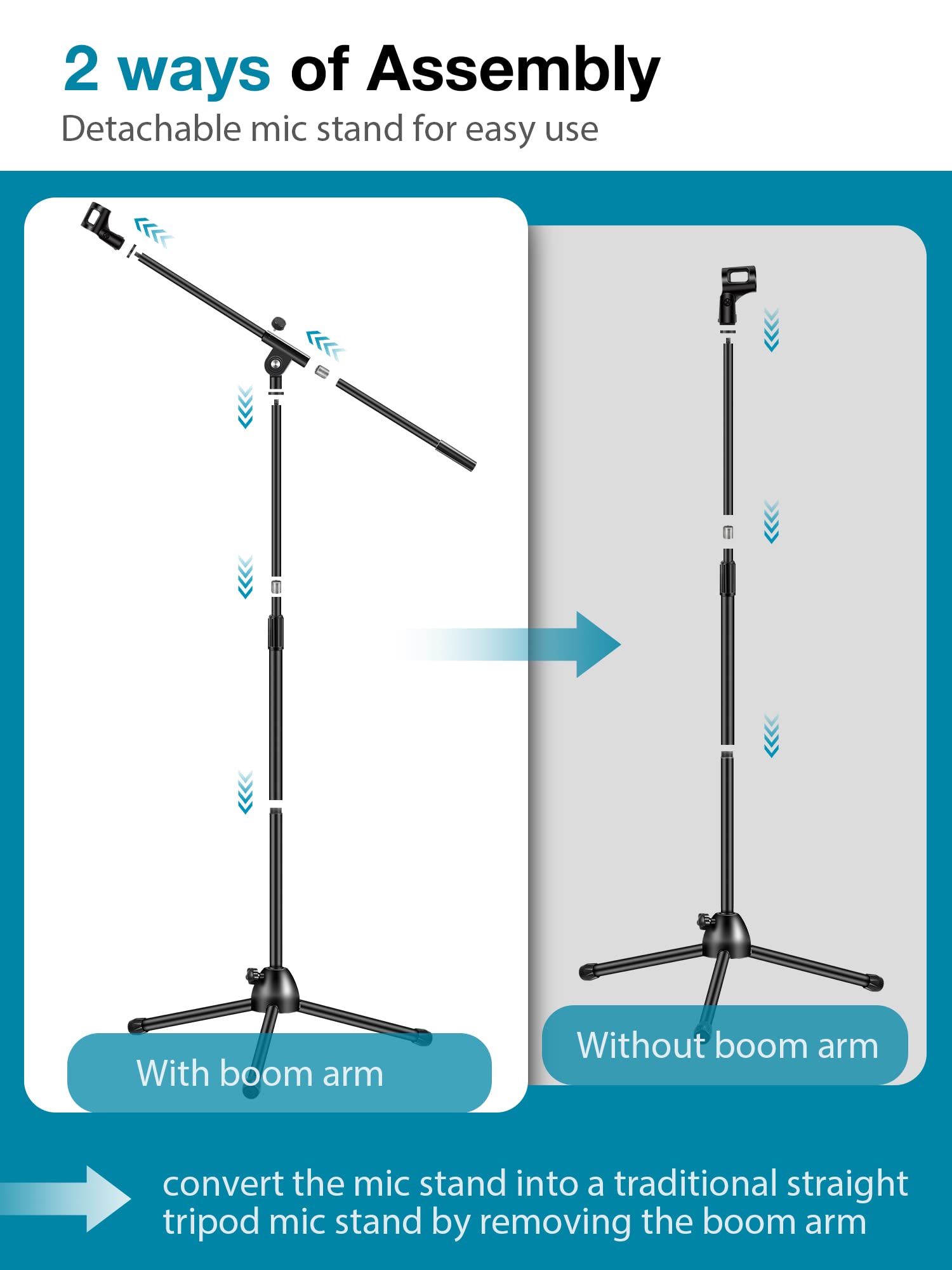 InnoGear Microphone Stand, Boom Arm Mic Stand Floor Detachable Height Adjustable Heavy Duty with Mic Clip Holder Metal Base for Blue Yeti HyperX QuadCast Shure SM58 Samson Q2U Fifine K669B