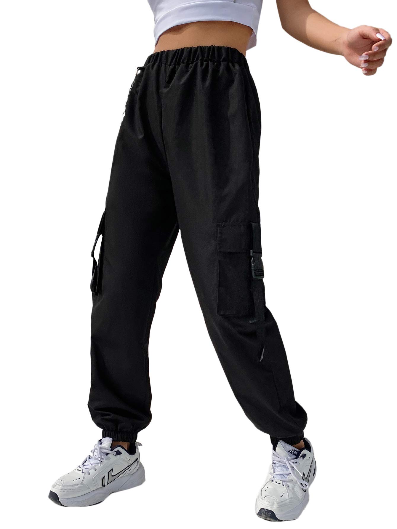 DIDK Women's High Waisted Flap Pocket Solid Jogger Cargo Pants with Chain Black M