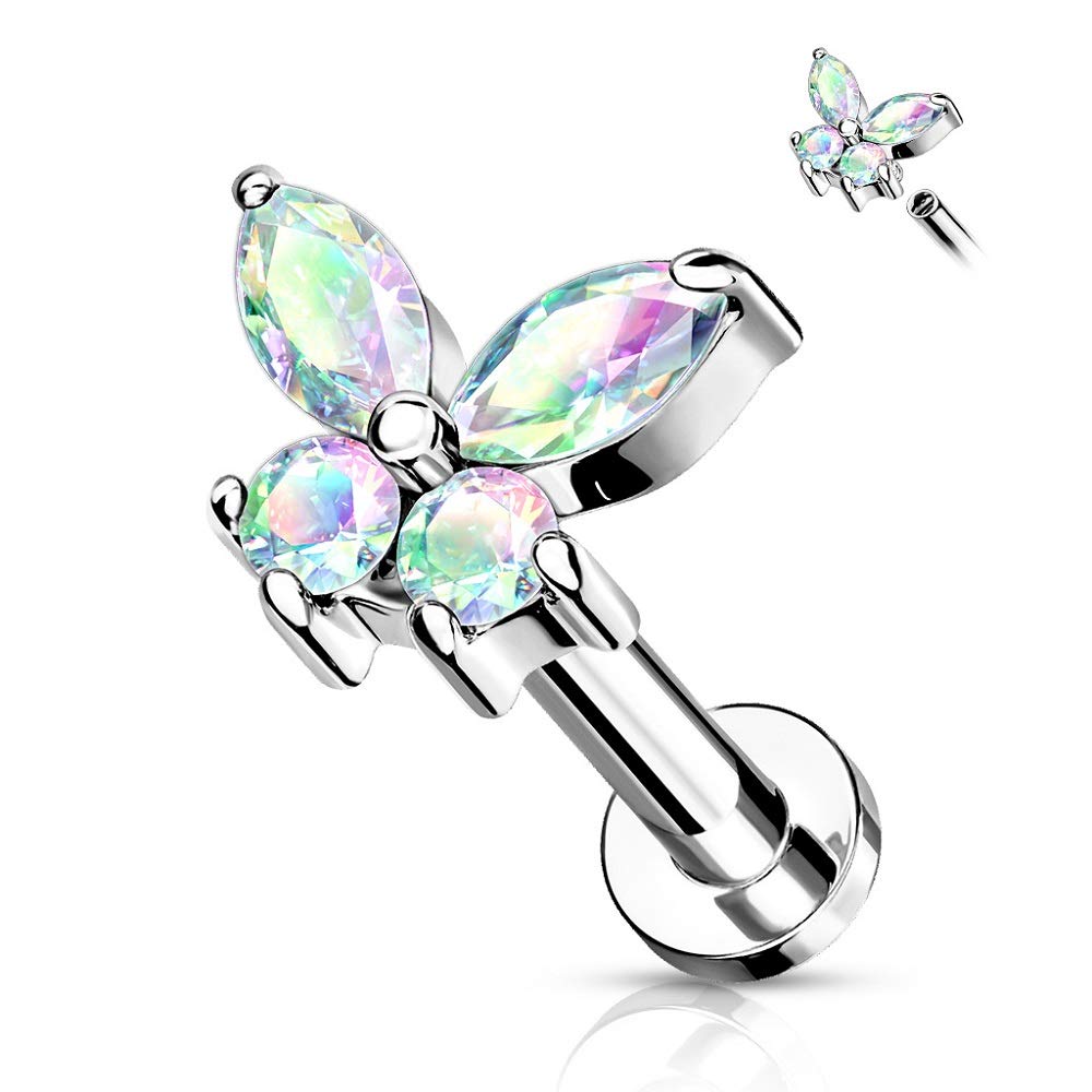 Pierced Owl 16G Stainless Steel Internally Threaded CZ Crystal Butterfly Top Flat Back Lip Cartilage Tragus Stud (Silver Tone/Aurora Borealis, Bar Length: 8mm)