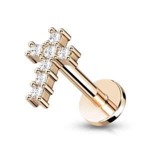 Pierced Owl 16G Stainless Steel Internally Threaded CZ Crystal Paved Cross Top Flat Back Lip Cartilage Stud (Rose Gold Tone, Bar Length: 8mm)