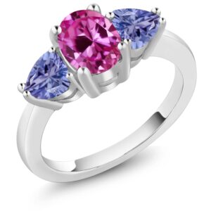 Gem Stone King 925 Sterling Silver Oval Pink Created Sapphire and Blue Tanzanite Ring For Women (2.45 Cttw, Available In Size 5, 6, 7, 8, 9)