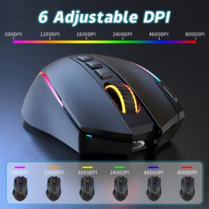 Wireless Gaming Mouse, 8000 DPI Optical Sensor, RGB Backlit, MMO 9 Programmable Buttons, with Macro Recording Side Buttons, Rapid Fire Button, Rechargeable for Mac Windows Computer Gamer, Black