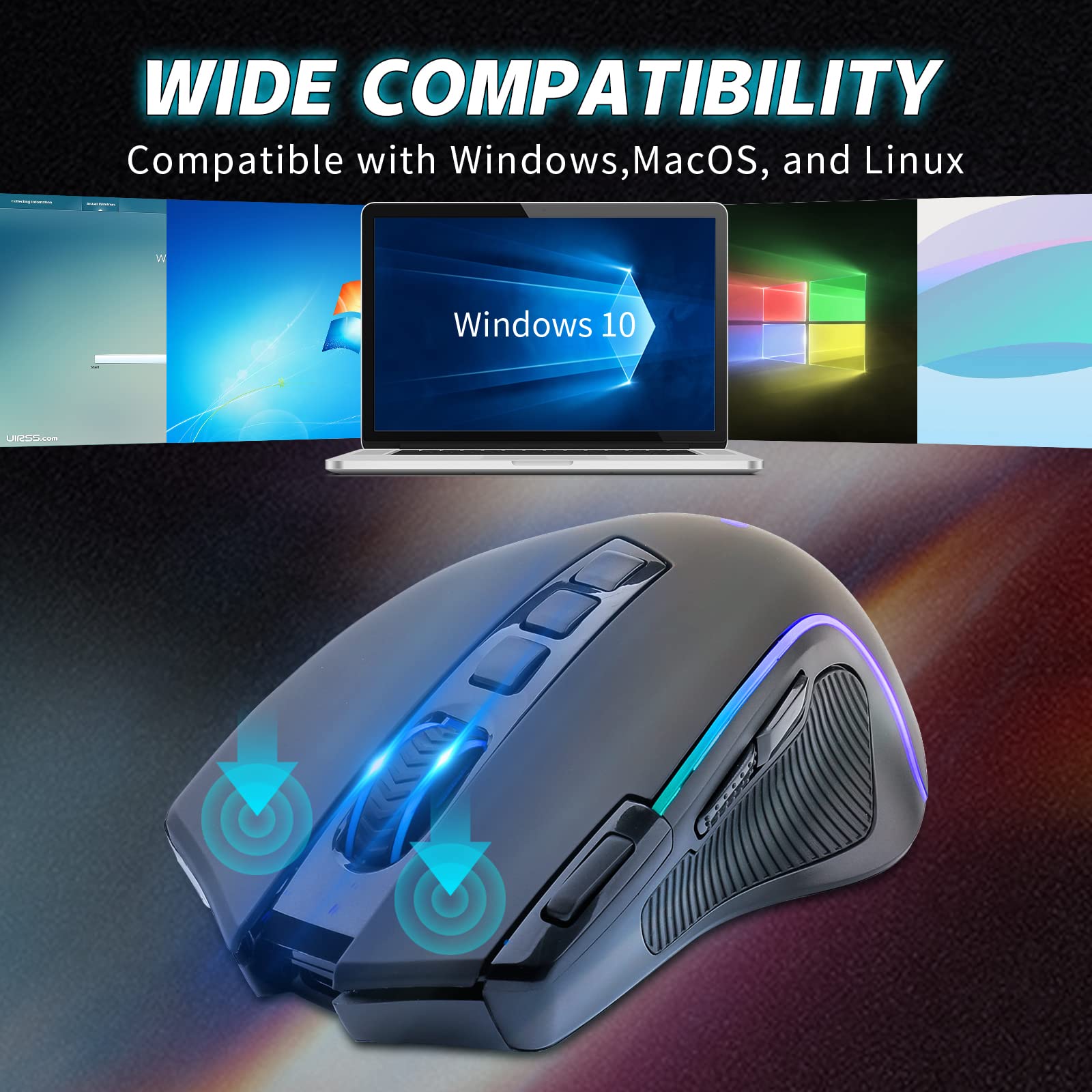 Wireless Gaming Mouse, 8000 DPI Optical Sensor, RGB Backlit, MMO 9 Programmable Buttons, with Macro Recording Side Buttons, Rapid Fire Button, Rechargeable for Mac Windows Computer Gamer, Black