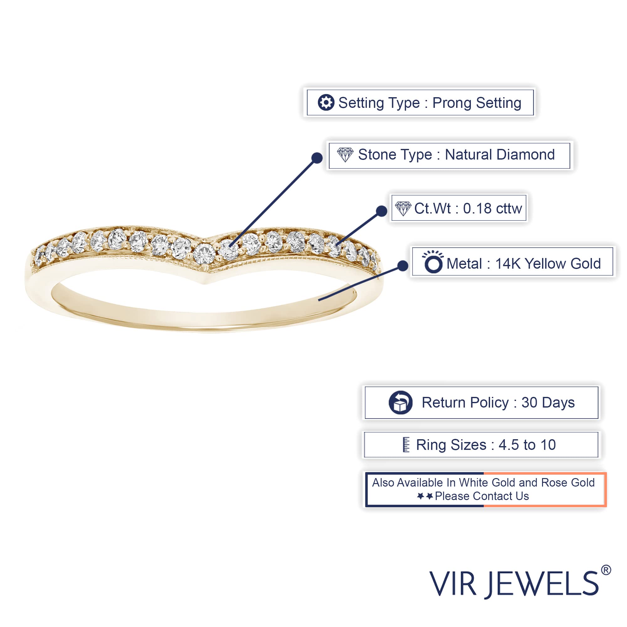 VIR JEWELS 0.18 cttw Diamond Wedding Band for Women, V Shape Round Diamond Wedding Band in 14K Yellow Gold with Milgrain, Size 7.5