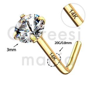 CM Crareesi Mania 14K Real Solid Yellow Gold Nose Stud 20Gauge Prong Set Round CZ L Bend Nose Stud Piercing