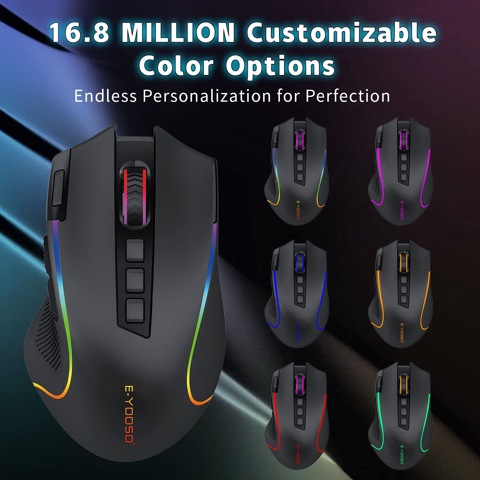 Wireless Gaming Mouse, 8000 DPI Optical Sensor, RGB Backlit, MMO 9 Programmable Buttons, with Macro Recording Side Buttons, Rapid Fire Button, Rechargeable for Mac Windows Computer Gamer, Black