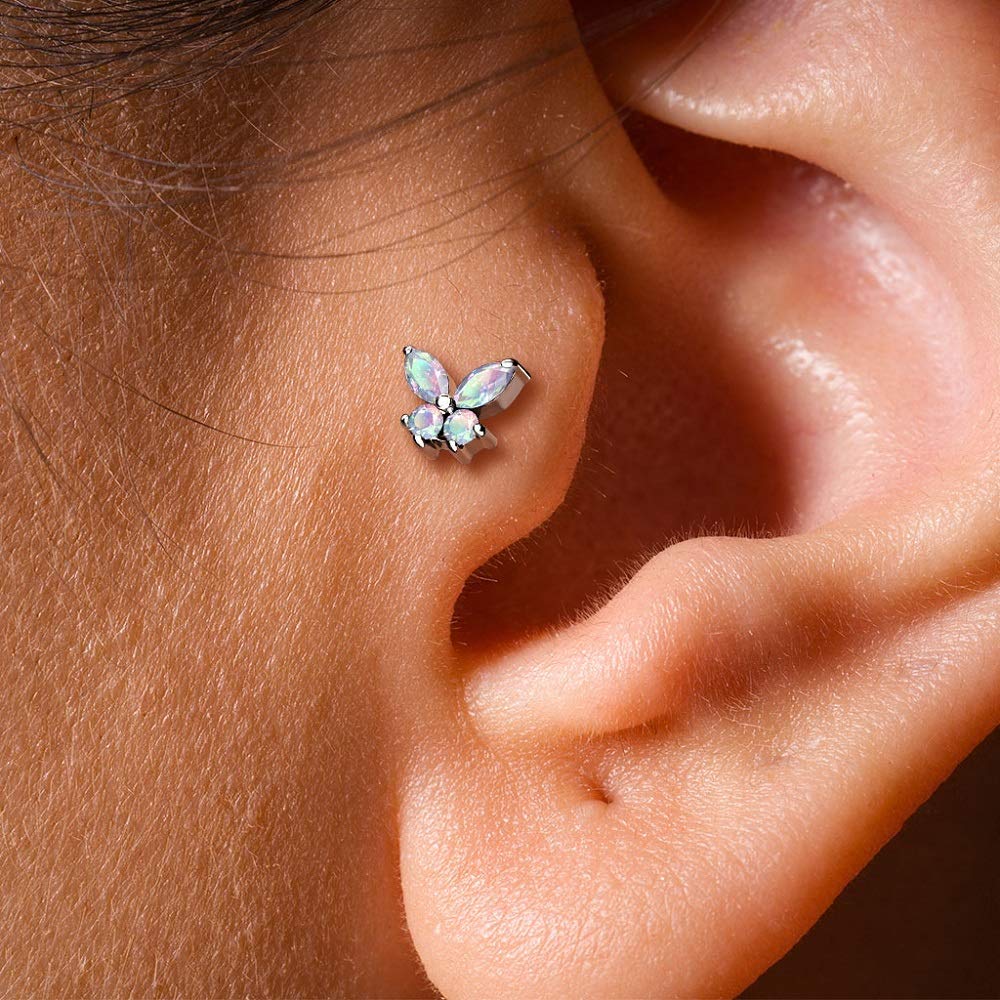 Pierced Owl 16G Stainless Steel Internally Threaded CZ Crystal Butterfly Top Flat Back Lip Cartilage Tragus Stud (Silver Tone/Aurora Borealis, Bar Length: 8mm)