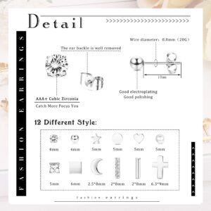 LOYALLOOK 12Pairs Stainless Steel Stud Earrings for Women Men Heart Star Moon CZ Cute Tiny Cartilage Minimalist Geometric Stud Earrings Hypoallergenic Stud Earrings Set for Multiple Piercing