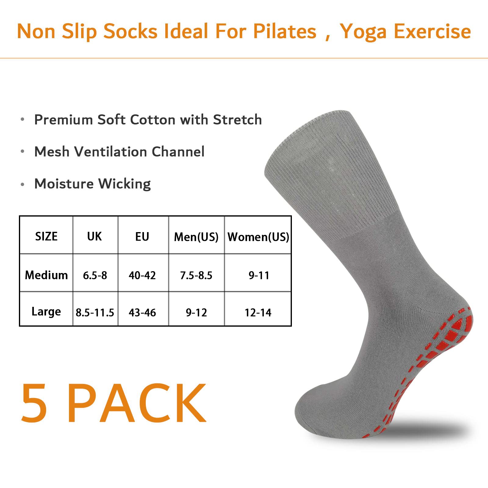 NOVAYARD 5 Pairs Non Slip Socks Hospital Diabetic Non Skid Socks Yoga Pilates Slipper Socks Men Women(Black+Grey+Dark gray,Large)