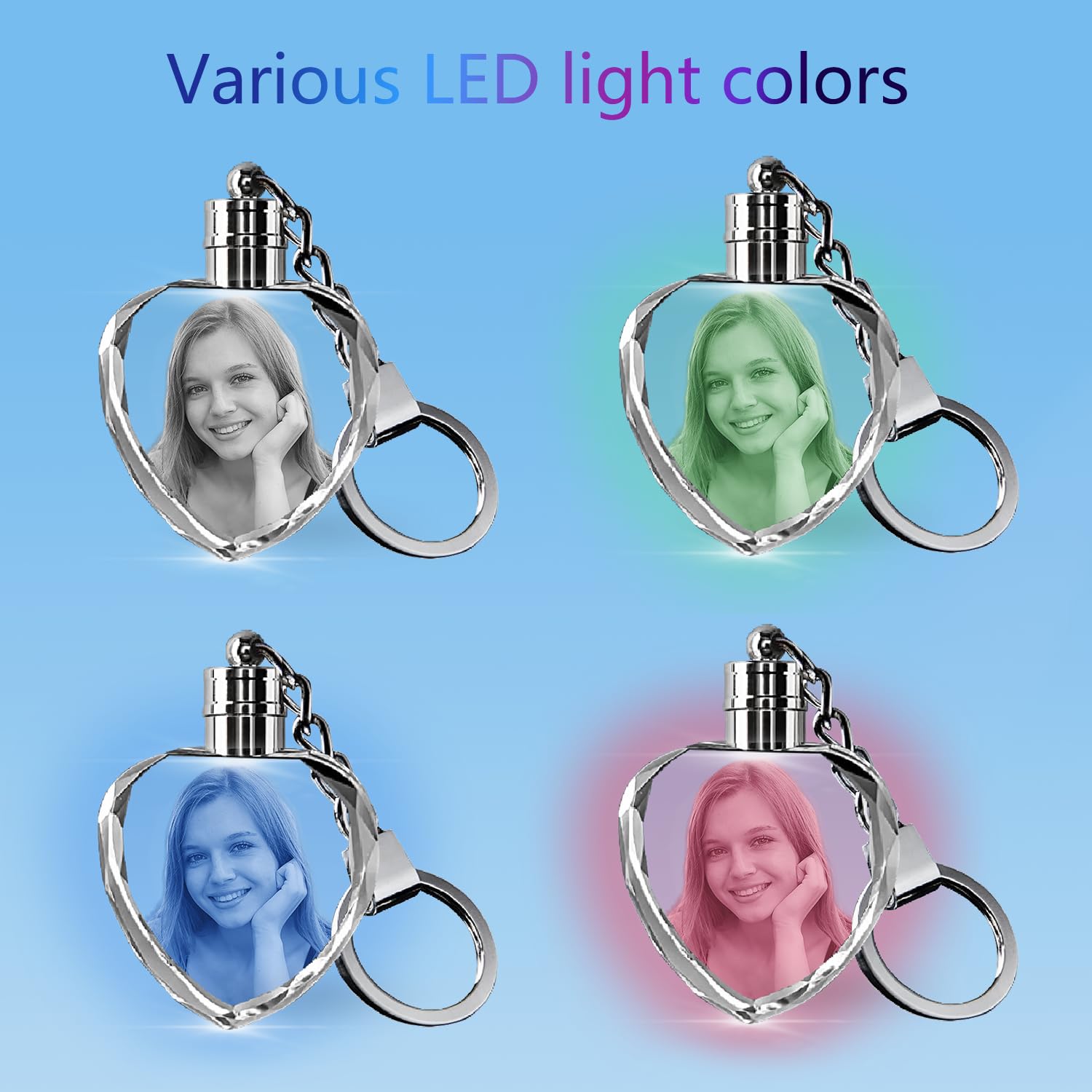 HAN'S LASER Personalized Keychains with LED Light, Mini Heart Shaped, 3D Crystal Keychain with Your Own Photo, Great Memorial Gifts