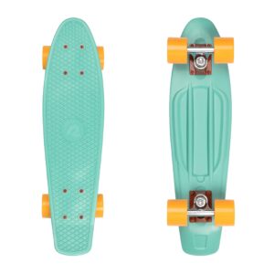 retrospec quip mini cruiser skateboard 22.5" and 27" classic retro plastic cruiser complete skateboard with abec 7 bearings and pu wheels compact board with grippy, molded waffle deck