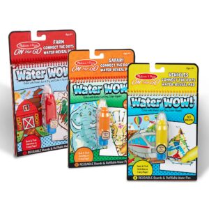 melissa & doug on the go water wow! reusable water-reveal activity pads, 3pk, connect the dots - vehicles, farm, safari, party favors, stocking stuffers, travel toys, mess free coloring books, ages 4+