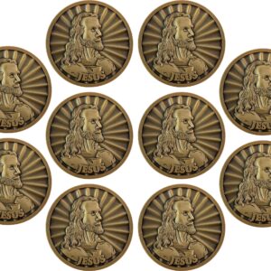 Jesus Coin, Bulk Pack of 10, Head of Christ by Warner Sallman Challenge Coin, Easter Handout, KJV Bible Verse Prayer Token, Antique Gold Plated Catholic and Christian Religious Jesus Picture Coin