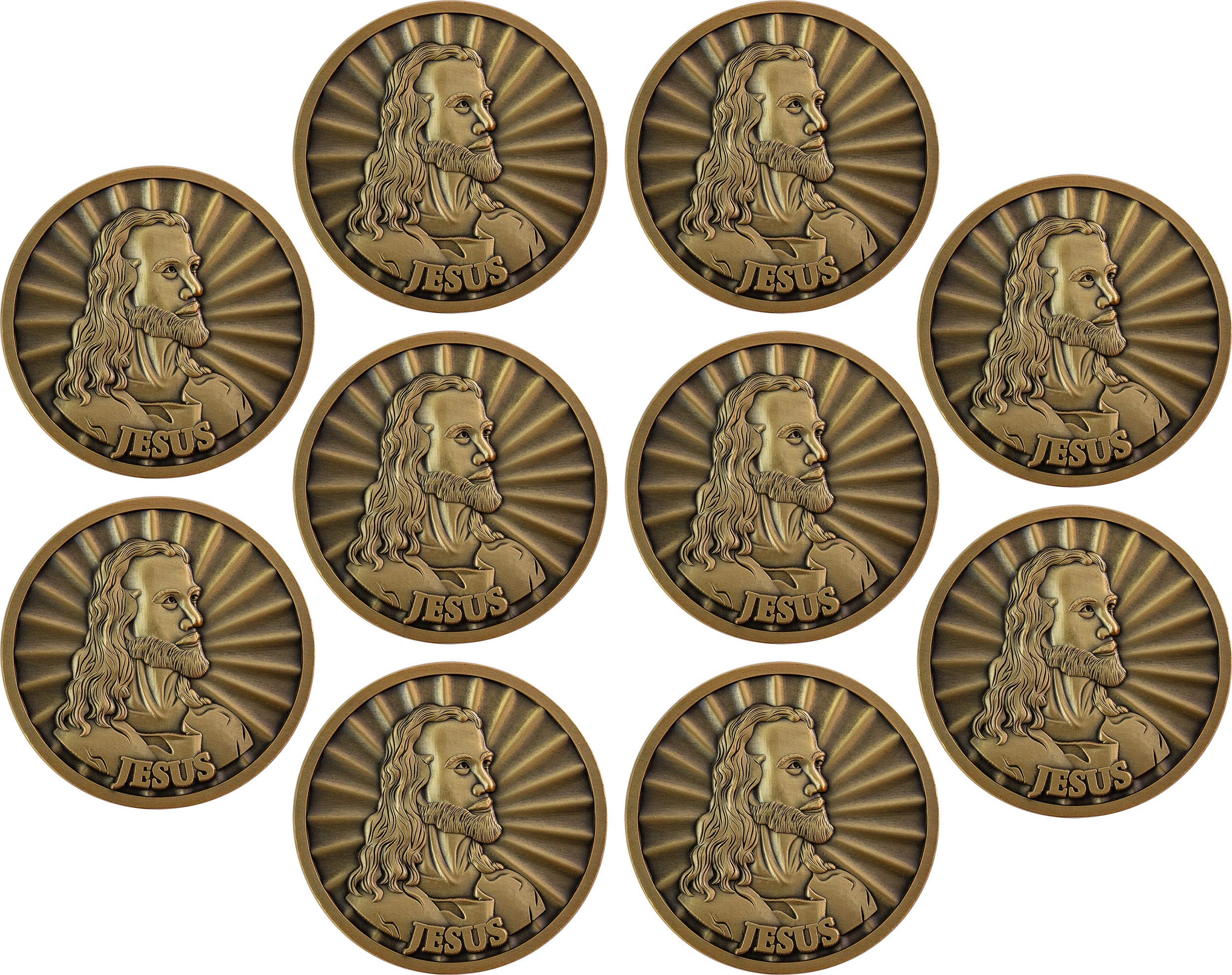 Jesus Coin, Bulk Pack of 10, Head of Christ by Warner Sallman Challenge Coin, Easter Handout, KJV Bible Verse Prayer Token, Antique Gold Plated Catholic and Christian Religious Jesus Picture Coin