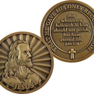 Jesus Coin, Bulk Pack of 10, Head of Christ by Warner Sallman Challenge Coin, Easter Handout, KJV Bible Verse Prayer Token, Antique Gold Plated Catholic and Christian Religious Jesus Picture Coin