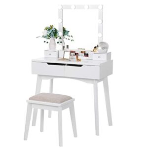 bewishome makeup vanity set with lighted mirror with 10 led bulbs, makeup desk with 4 drawers 2 diy dividers removable makeup organizer & cushioned stool, white table fst10w