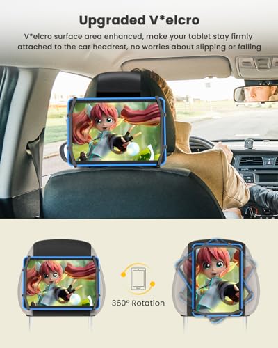 WONNIE Tablet Holder for Car, Upgraded iPad Holder for Car Back Seat Headrest Mount Holder for Kids with Anti-Slip Strap,Silicone Holding Net/Fits All 7-12.9'' Tablets