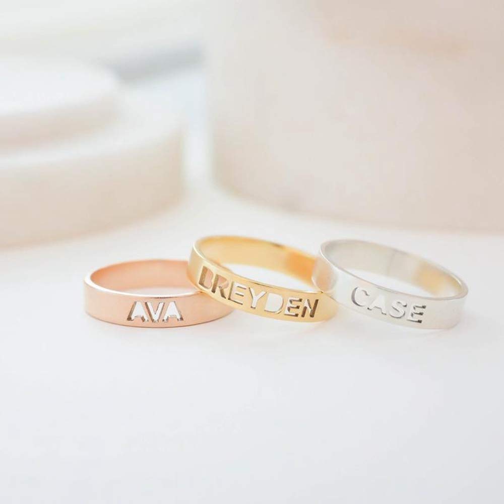 LONAGO Personalized Name Ring Custom Name Plate Stacking Ring Engrave Any Names Initial Ring for Women (Gold Plated Copper in silver color)