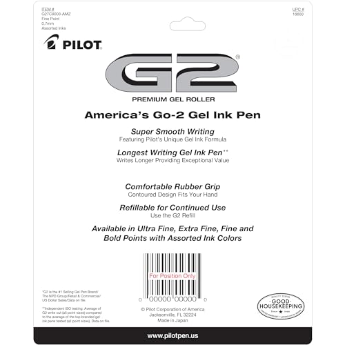 Pilot, G2 Premium Gel Roller Pens, Fine Point 0.7 mm, Blue, Black, Red, Pack of 8