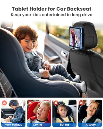 WONNIE Tablet Holder for Car, Upgraded iPad Holder for Car Back Seat Headrest Mount Holder for Kids with Anti-Slip Strap,Silicone Holding Net/Fits All 7-12.9'' Tablets