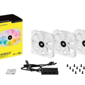 CORSAIR iCUE SP120 RGB ELITE Performance 120mm PWM Triple Fan Kit with iCUE Lighting Node CORE - White