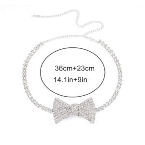 Sethexy Sparkly Rhinestone Choker Glitter Bowtie Necklace Bowknot Tennis Chain Party Nightclub Wedding Costume Jewelry for Women (Silver)