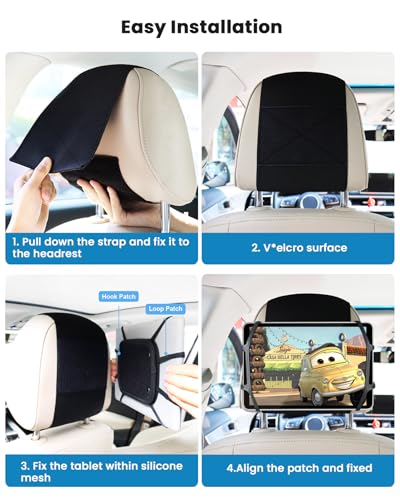 WONNIE Tablet Holder for Car, Upgraded iPad Holder for Car Back Seat Headrest Mount Holder for Kids with Anti-Slip Strap,Silicone Holding Net/Fits All 7-12.9'' Tablets