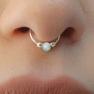 Non Piercing White Opal faux Septum Ring - Sterling Silver False Septum Hoop Piercing - Clip on Septum Nose ring