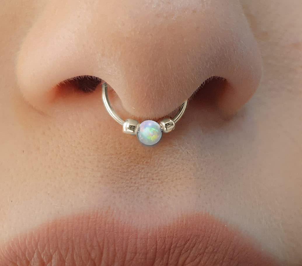 Non Piercing White Opal faux Septum Ring - Sterling Silver False Septum Hoop Piercing - Clip on Septum Nose ring