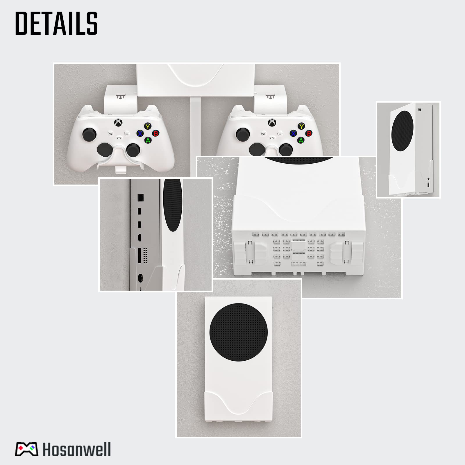 Hosanwell Xbox Series S Wall Mount, Xbox Series S Wall Mount Kit, with Detachable Controller Holder & Headphone Hanger Heat Dissipation (NOT for Xbox ONE S)