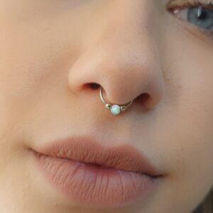 Non Piercing White Opal faux Septum Ring - Sterling Silver False Septum Hoop Piercing - Clip on Septum Nose ring