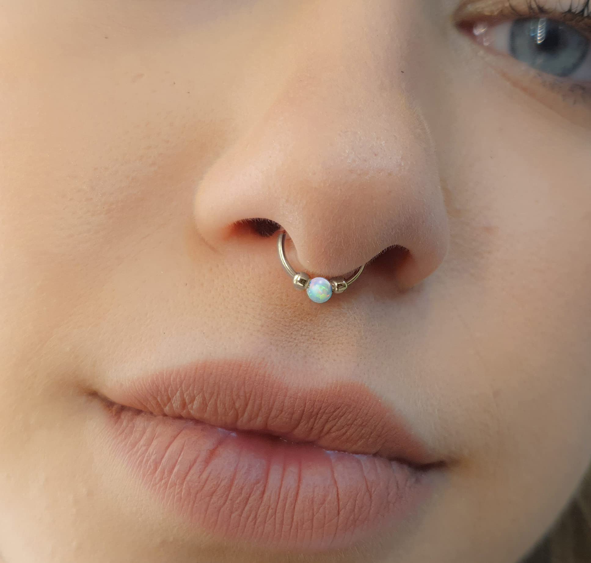 Non Piercing White Opal faux Septum Ring - Sterling Silver False Septum Hoop Piercing - Clip on Septum Nose ring