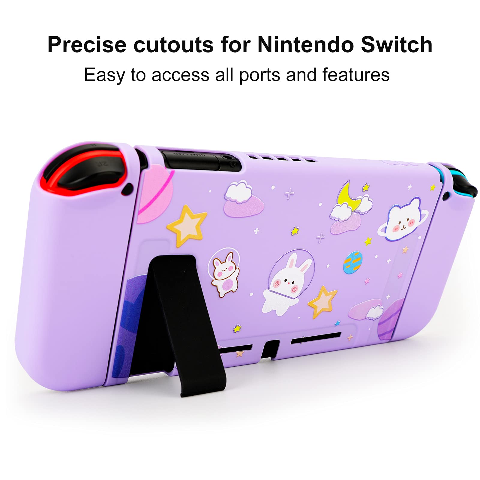 Tscope Cute Protective Cover for Nintendo Switch, Dockable Soft Shell Shockproof Case Joy Con Skin with Space Bunny Pattern, & Thumb Caps, Anti-Scratch