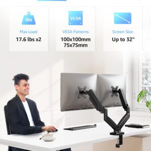 MOUNTUP Dual Monitor Mount for 17-32’’ Monitors, Double Monitor Arm Desk Mount Holds 4.4-17.6 lbs, Adjustable Computer Monitor Stand, 100x100/75x75mm VESA Mount, C Clamp/Grommet Base for 2 Screens