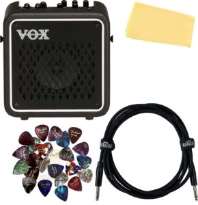 vox mini go 3 portable modeling amplifier bundle with instrument cable, picks, and austin bazaar polishing cloth