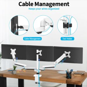 MOUNTUP Triple Monitor Mount, 3 Monitor Stand Desk Arm for Max 32'' Computer Screens, Max Extension 62.3" Gas Spring Triple Monitor Stand Holds 4.4-19.8lbs, VESA Bracket with Clamp/Grommet Base, White