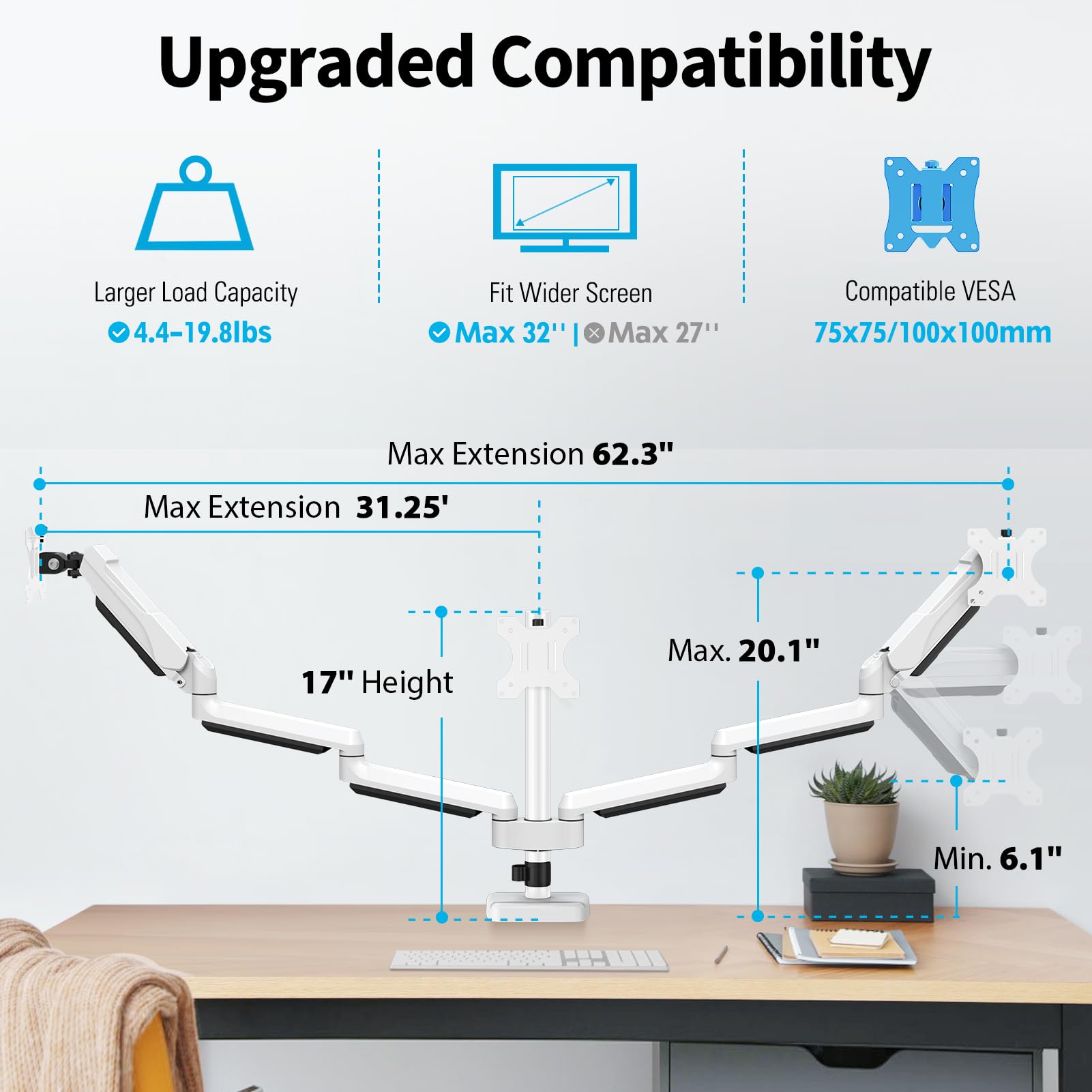 MOUNTUP Triple Monitor Mount, 3 Monitor Stand Desk Arm for Max 32'' Computer Screens, Max Extension 62.3" Gas Spring Triple Monitor Stand Holds 4.4-19.8lbs, VESA Bracket with Clamp/Grommet Base, White