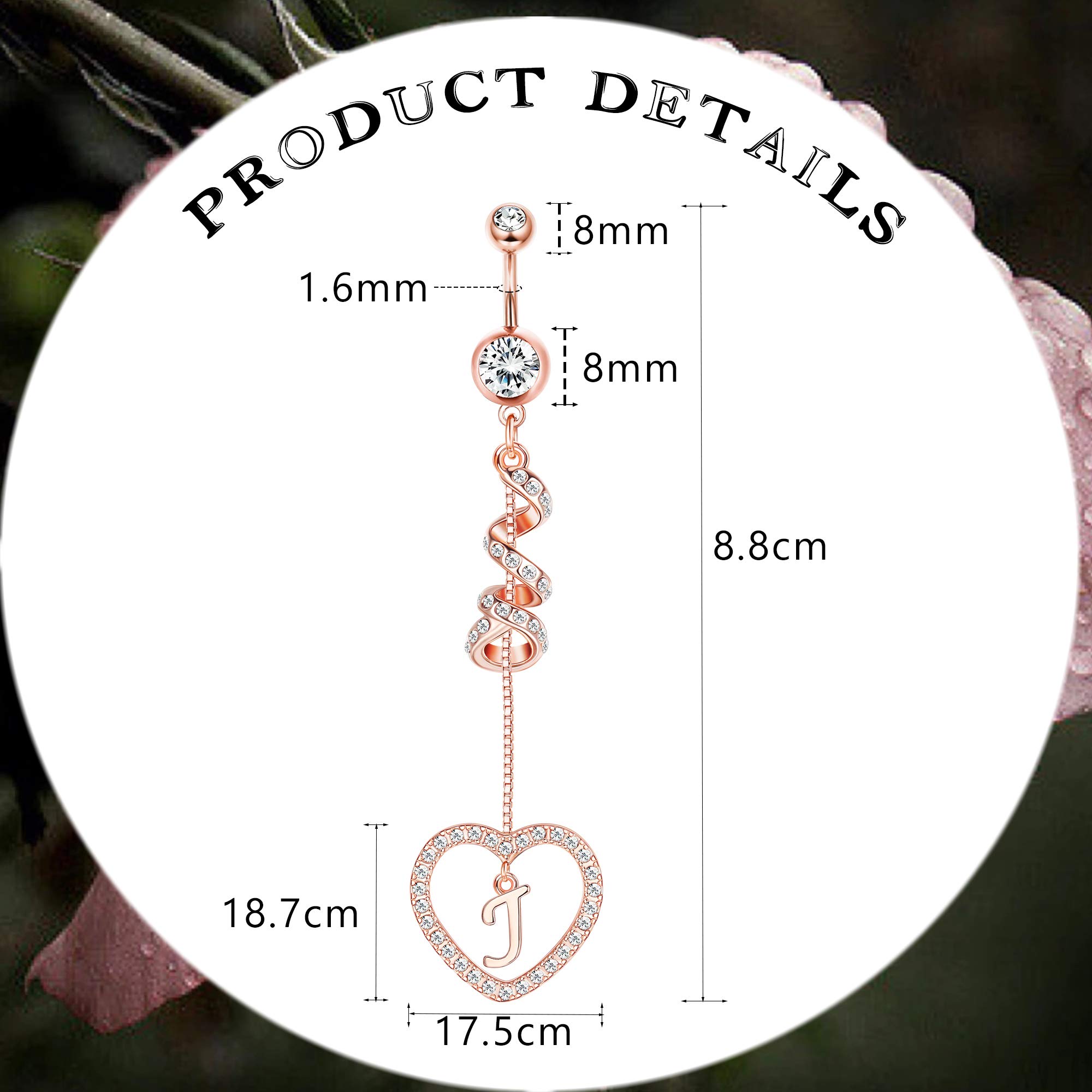 Drperfect 14G Belly Button Ring Dangle with Initials J for Women Rose Gold Plated Navel Ring 316L Stainless Steel Heart Pendant Belly Piercing Jewelry