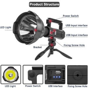 Rechargeable Spotlight Flashlight High Lumens, 900000 Lumens Super Bright Led Searchlight with Tripod and USB Output, IPX5 Waterproof 4 Modes Handheld Spotlight for Camping Emergencies