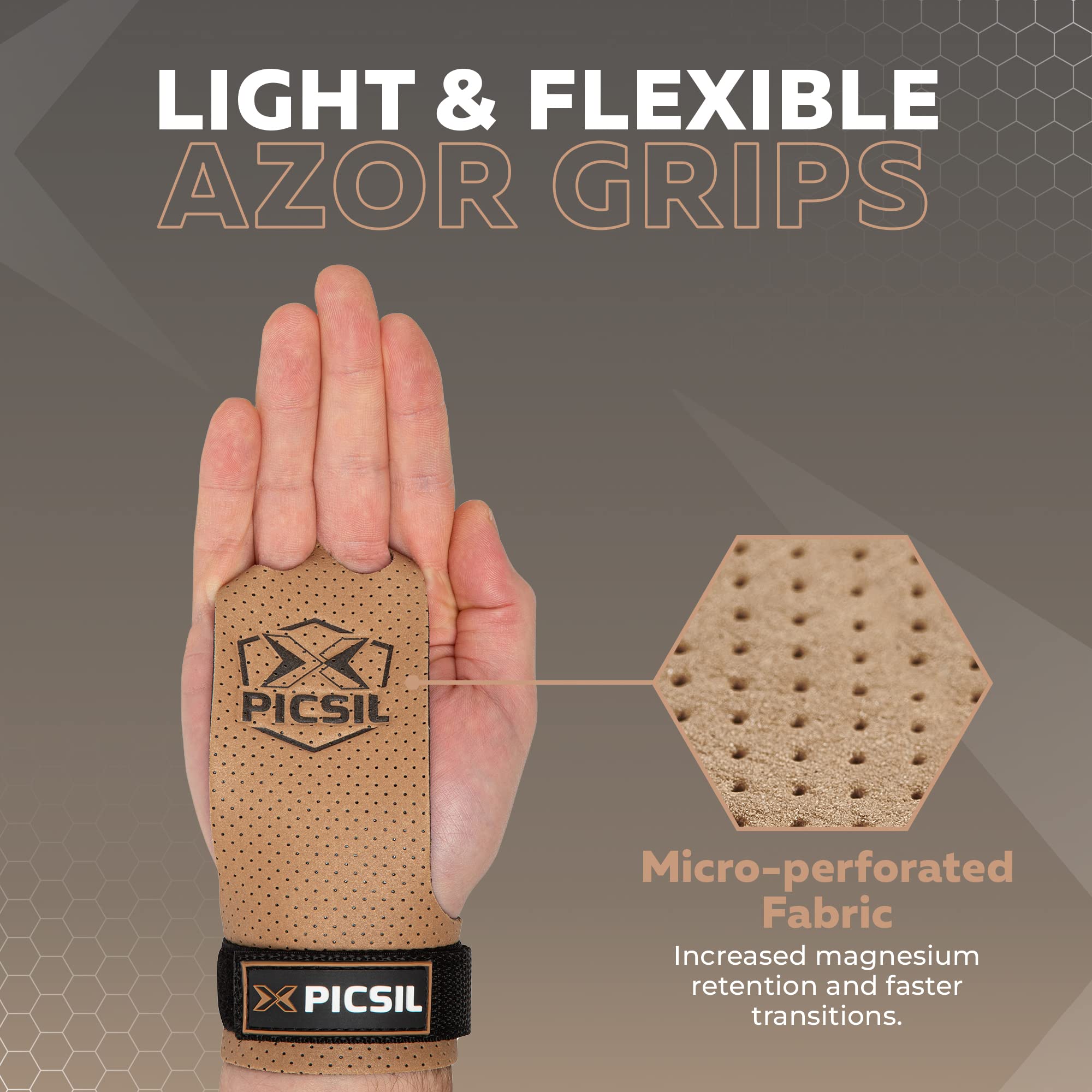 PICSIL Azor Grips, Workout Grips with Increased Magnesium Retention, Light and Resistant Unisex Hand Grips for Weightlifting and Gymnastics, Blocks Rips and Blisters, 2 Holes, Brown, Small