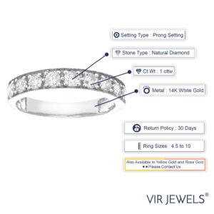 VIR JEWELS 1 cttw Diamond Wedding Band For Women, Milgrain Diamond Wedding Band in 14K White Gold Prong Set, Size 9.5