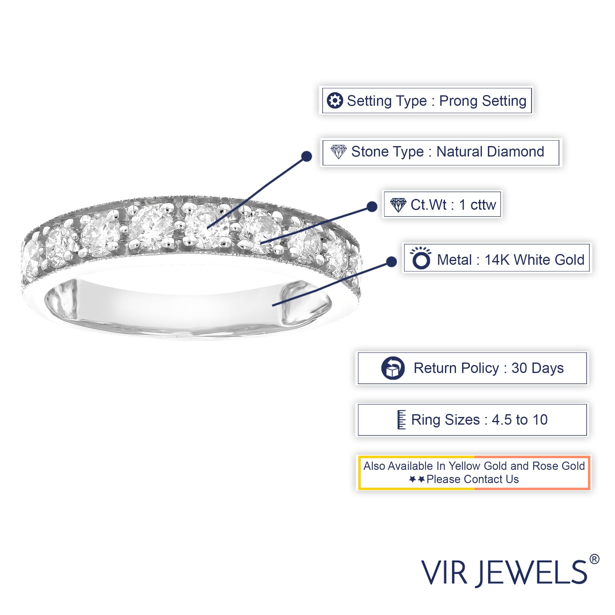 VIR JEWELS 1 cttw Diamond Wedding Band For Women, Milgrain Diamond Wedding Band in 14K White Gold Prong Set, Size 9.5