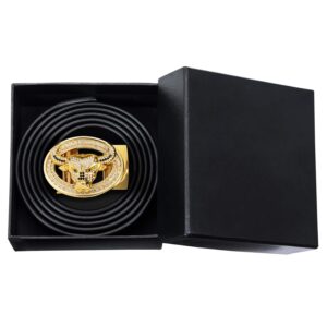 YOHOWA Fashion Belt for Men Bull Buckle Designer Gold and Black Leather Stripes Diamond Luxury Business Gift