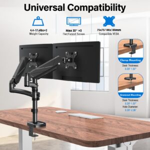 MOUNTUP Dual Monitor Stand, Height Adjustable Monitor Desk Mount, Gas Spring Monitor Arm for Two 17-32 Inch Screens, with C Clamp/Grommet Mounting Base, Holds 4.4-17.6 lbs per Arm, Max VESA 100x100mm