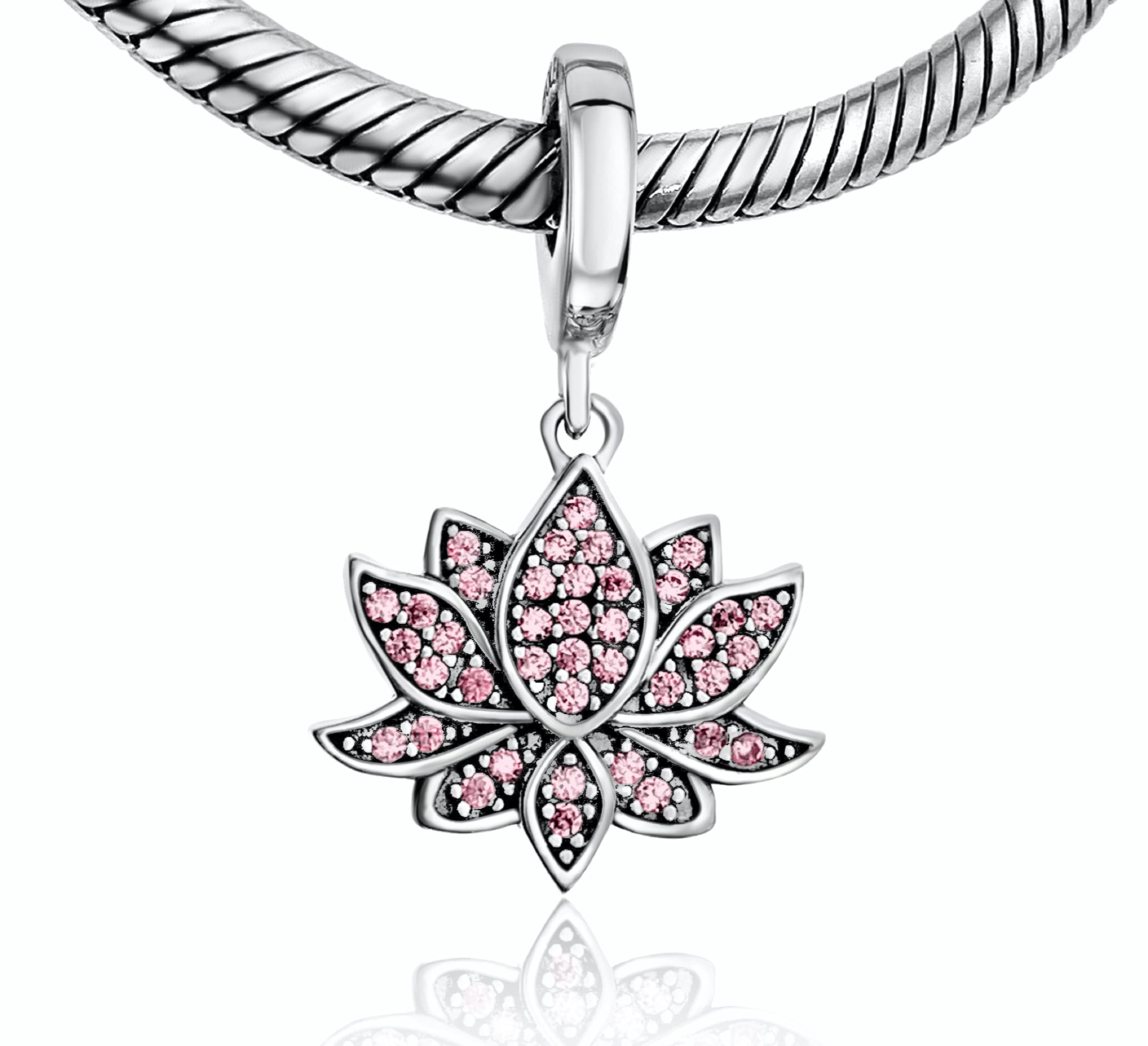 BOLENVI Dazzling Pink Lotus Yoga Yogi Buddhism 925 Sterling Silver Pendant Charm Bead For Pandora & Similar Charm Bracelets or Necklaces