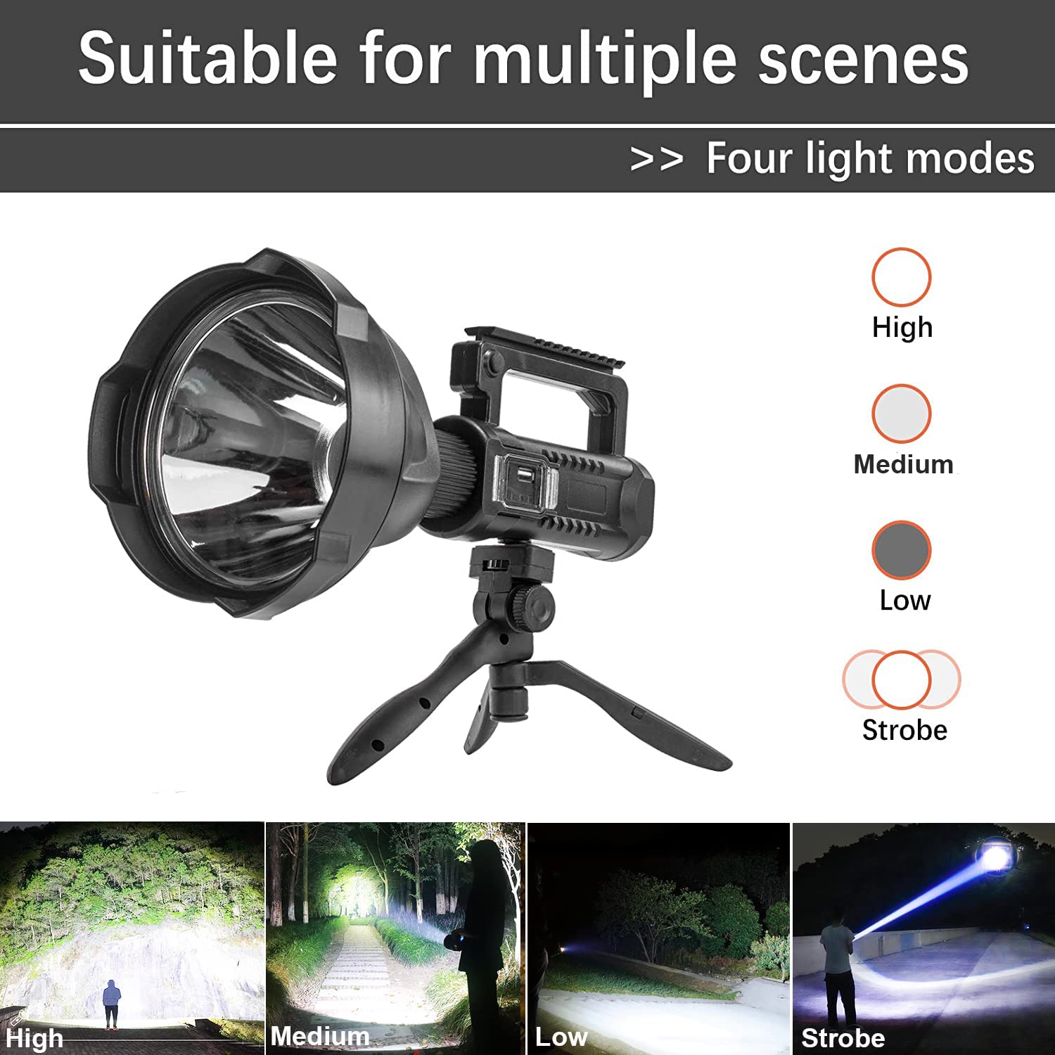 Rechargeable Spotlight Flashlight High Lumens, 900000 Lumens Super Bright Led Searchlight with Tripod and USB Output, IPX5 Waterproof 4 Modes Handheld Spotlight for Camping Emergencies