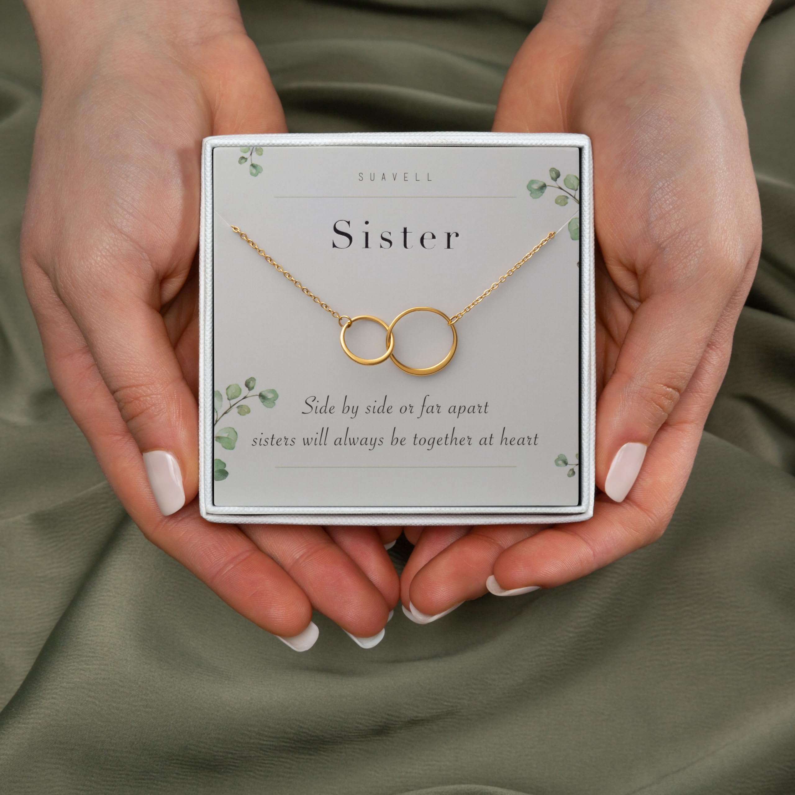 Suavell Sister Necklace - Sterling Silver Interlocking Double Circle Necklace - Birthday Gift for My Big or Little Sister - Sister Gifts for 2 - Maid of Honor Gifts From the Bride - 18k Gold Plating