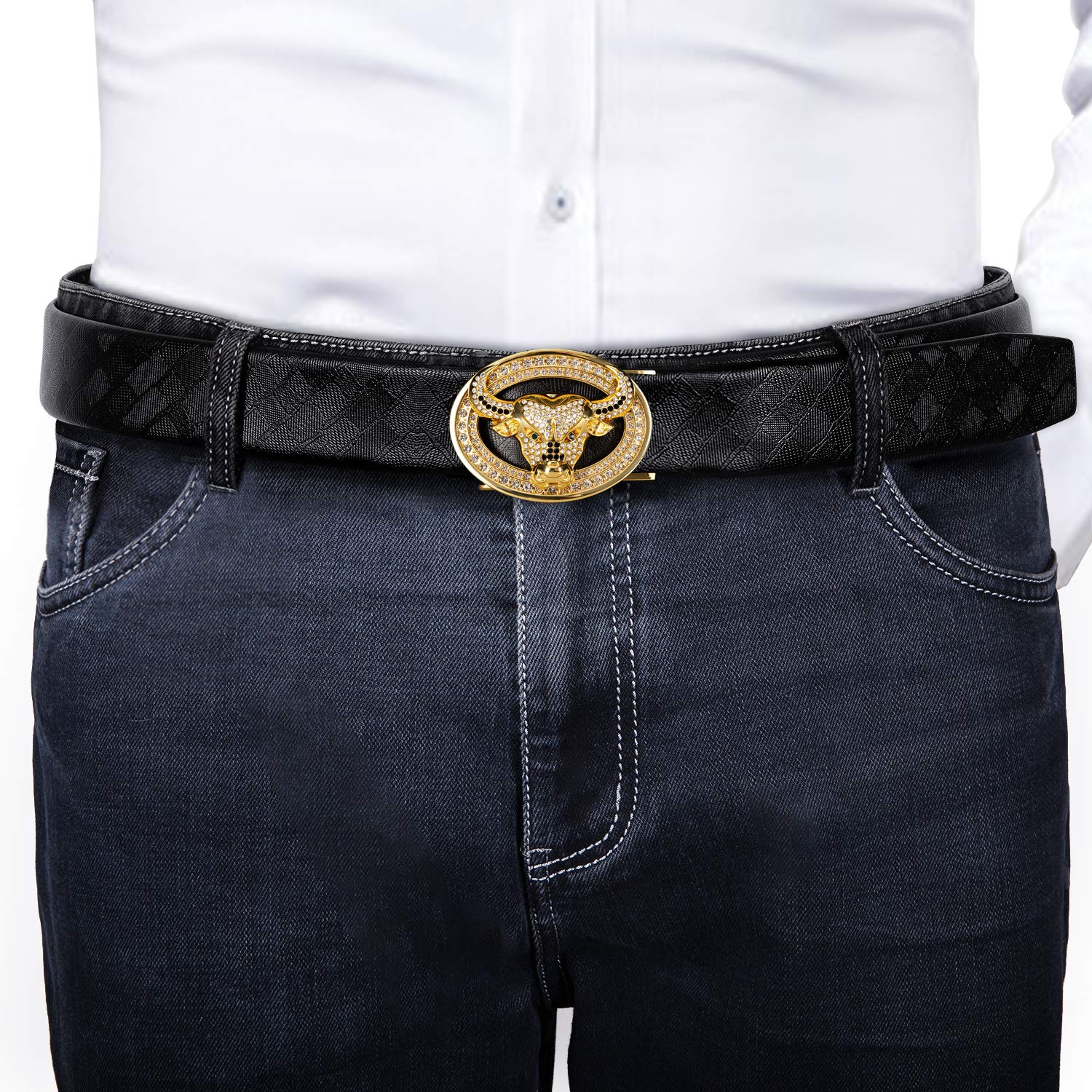 YOHOWA Fashion Belt for Men Bull Buckle Designer Gold and Black Leather Stripes Diamond Luxury Business Gift