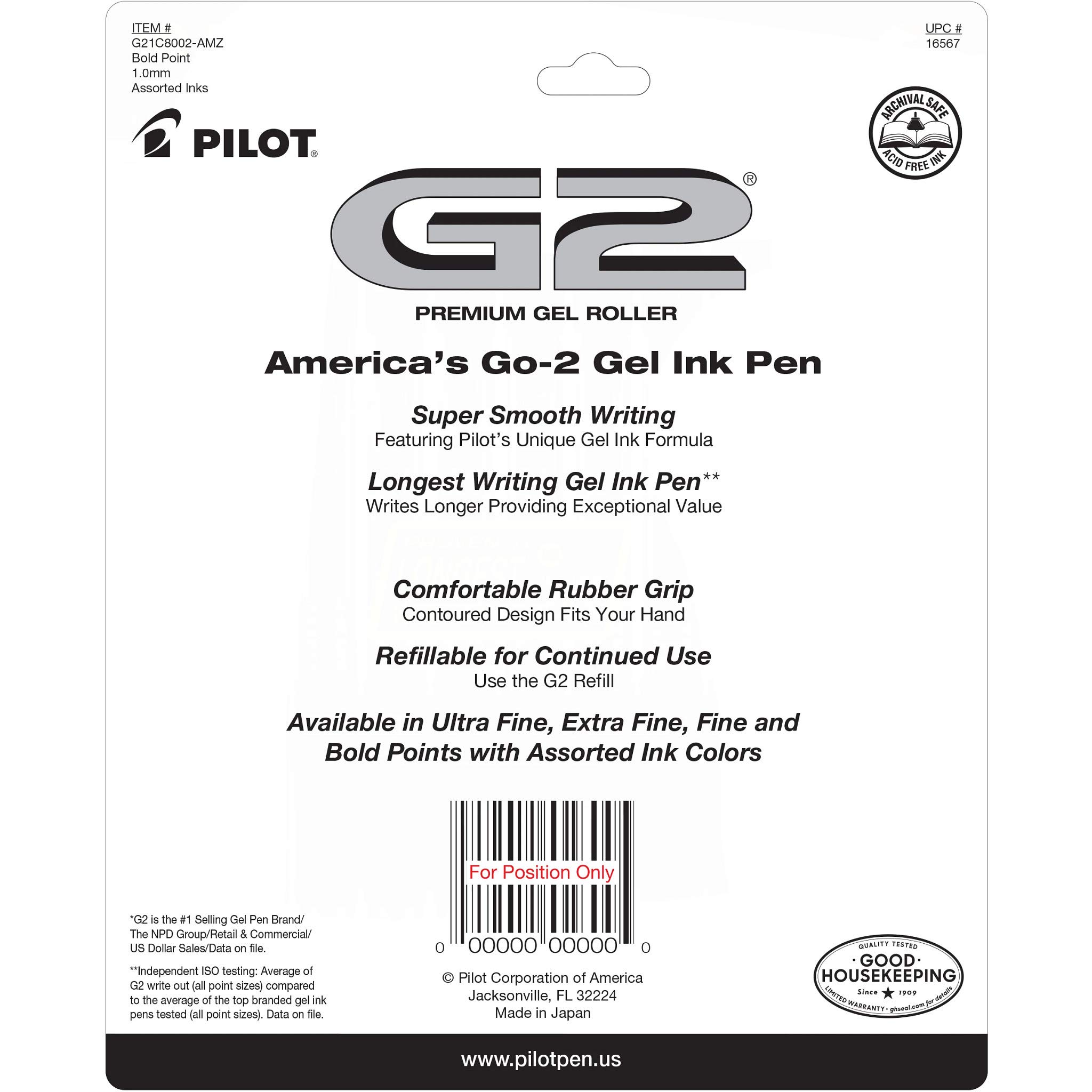 Pilot, G2 Premium Gel Roller Pens, Bold Point 1 mm, Pack of 8, Black and Blue